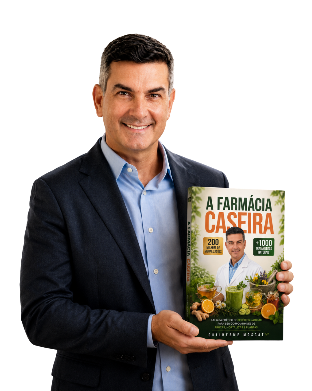 Guilherme Moscat a segurar o livro A Farmácia Caseira